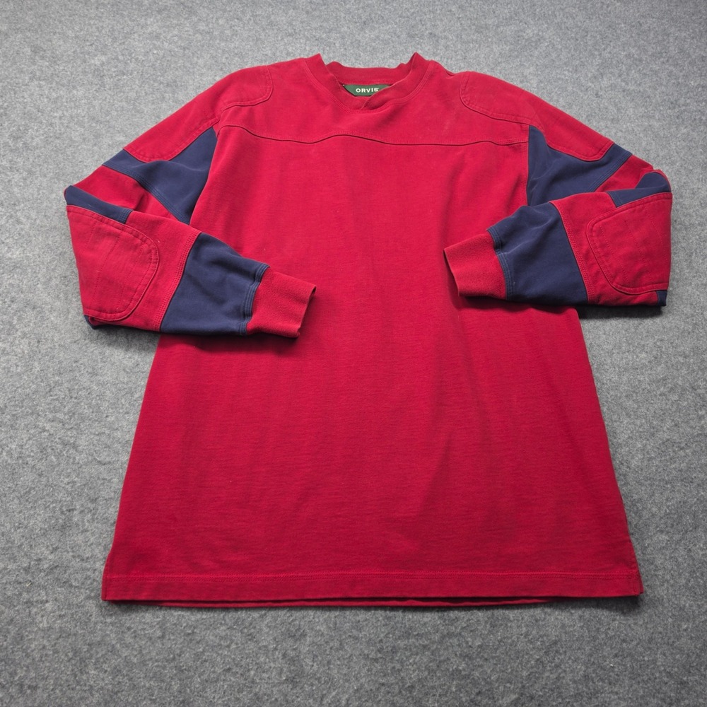 Orvis Mens Red Long Sleeve Shooting Shirt Navy Elbow Shoulder Patches Size M